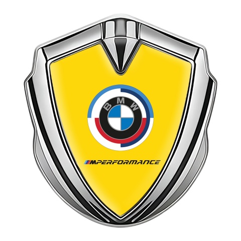 BMW 3D Car Metal Domed Emblem Silver Yellow Base M Performance