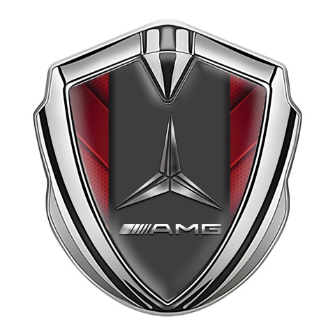 Mercedes AMG Emblem Aufkleber Autozubehor Silbertonfarbe mit Rote Elemente und Schwarzer Mittelpylon