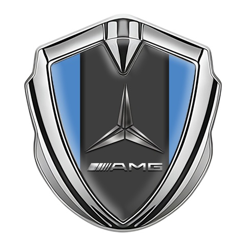 Mercedes AMG Emblem Auto Zeichen Silbertonfarbe mit Blau Hintergrund und Metalllogo