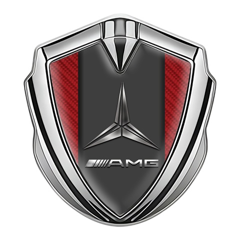 Mercedes AMG Emblem Logo Schriftzug Aufkleber mit Silbertonfarbe Rote Carbon Effekt