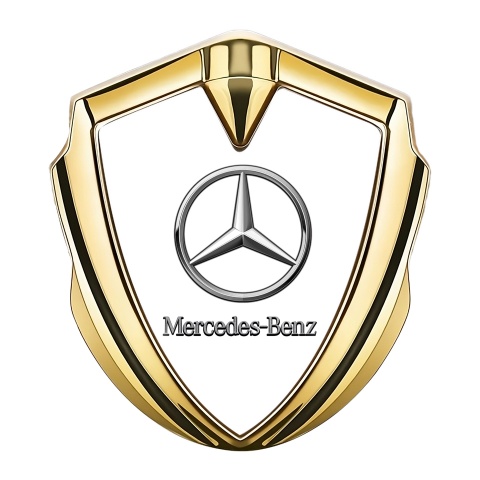 Mercedes Benz Emblem Abzeichen selbstklebend Goldtonfarbe mit Weiss Hintergrund und Chrom Logo