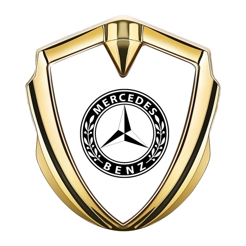Mercedes Benz Selbstklebendes Metallaufkleber Goldtonfarbe Tonfarbe mit Weiss Basis und Rundes Logo