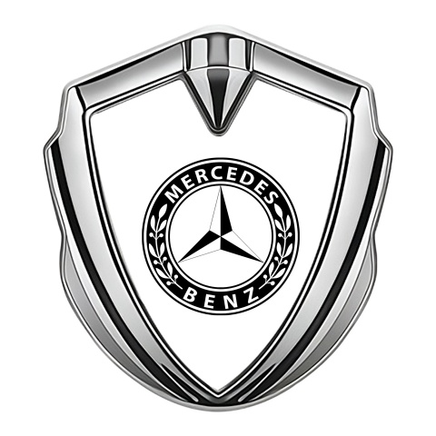 Mercedes Benz Selbstklebendes Metallaufkleber Emblem Silbertonfarbe mit Weiss Basis und Rundes Logo