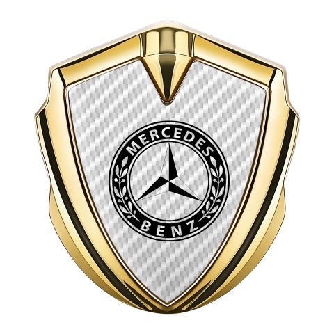 Mercedes Benz Abzeichen selbstklebend Goldtonfarbe mit Weiss Carbon Basis und Rundes Logo Stil