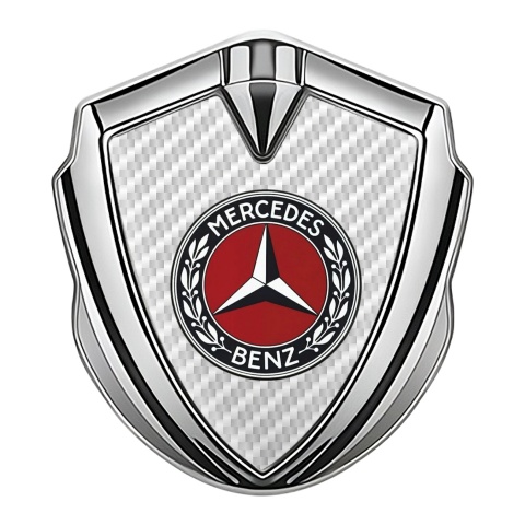 Mercedes Benz Abzeichen selbstklebend Silbertonfarbe mit Weiss Carbon und Rotes Kreis Logo Stil