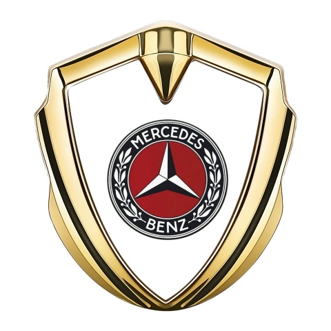 Mercedes Benz Emblem Abzeichen Goldtonfarbe mit Wiss Hintergrund und Rotes Kreis Logo