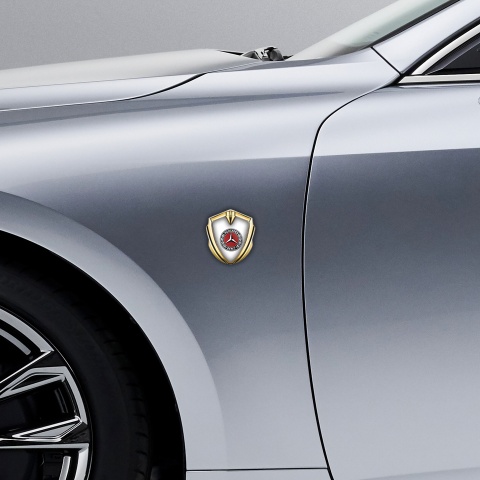 Mercedes Benz Emblem Abzeichen Goldtonfarbe mit Wiss Hintergrund und Rotes Kreis Logo